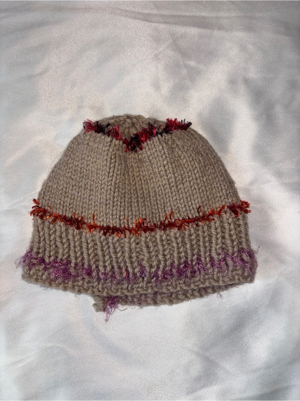Grunge Y2K Beige Knit Beanie with Colorful Textured Trim